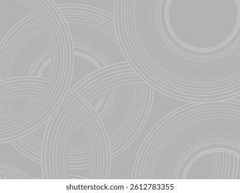 Gray background with abstract design of gray gradient circular lines. The 3d circular pattern consists of repeating curved lines, creating a sense of movement and depth.