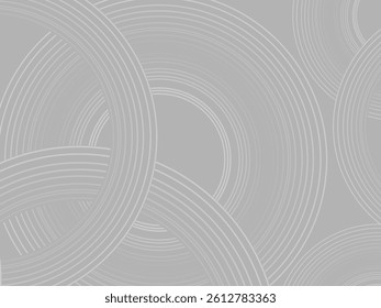 Gray background with abstract design of gray gradient circular lines. The 3d circular pattern consists of repeating curved lines, creating a sense of movement and depth.