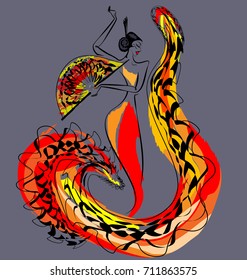 gray background and abstract image of Spanish dancer in red, yellow, black dress