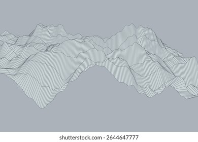Fundo cinzento com turbulência linear abstrata fluindo como montanhas digitais e vales em estilo de arte de linha
