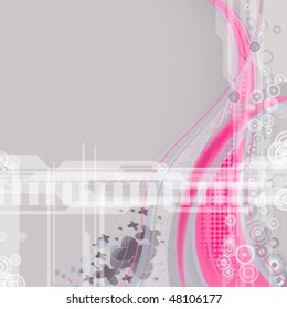 gray background with abstract wavy rose lines and transparent industrial elements, circles and crosses