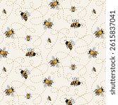 Gray background with bees.Vector seamless pattern with bees on a light background with a dotted line.