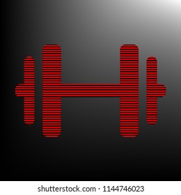 Gray background with black barbell and text. Vector. Striped red and black icon at gradient blackish background. Zebra.