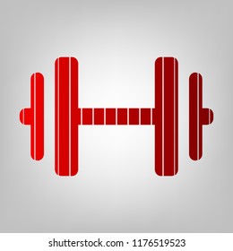 Gray background with black barbell and text. Vector. Vertically divided icon with colors from reddish gradient in gray background with light in center.