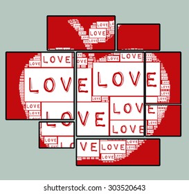 gray background with black color cubic picture frame together and red back type font love words with apple illustration together vector print pattern. for fashion and graphic design. poster,
