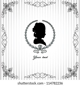 Gray background with black silhouette of lady and vignette frame