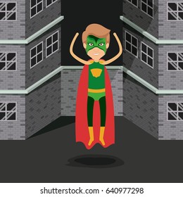 gray background buildings brick facade with superhero man with costumes and hands up vector illustration