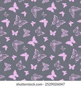 Fondo gris con mariposas. Patrón transparente de Vector con mariposas rosadas sobre un fondo gris.