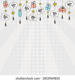 Gray Background with Cloud stickers and giftboxes for sale. Cartoon Coupons with percentage discounts. Vector illustration. Template for decoration of a store, showcase or advertising booklets.