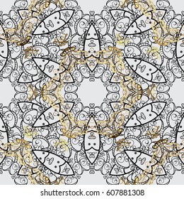 Gray background with golden elements. Vector golden floral ornament brocade textile pattern, white doodles. Seamless golden pattern. Metal with floral pattern.
