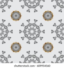 Gray background with golden elements. Vector golden floral ornament brocade textile pattern, white doodles. Seamless golden pattern. Metal with floral pattern.
