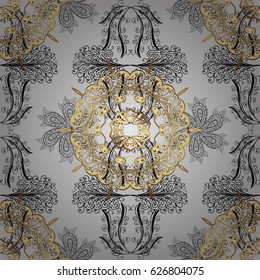Gray background with golden elements. Vector illustration. Seamless golden textured curls. Oriental style arabesques. Vector golden pattern.