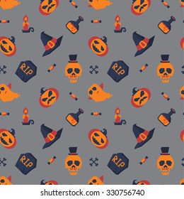 Gray background with halloween icons. Halloween Design. skull, pumpkin, bones