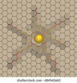 Gray background of hexagonal mosaic. Yellow background in the center.