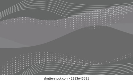 Gray background with modern abstract wave curves and gradient dots. Abstract decoration, circular patterns, gradient lines. Vector illustration