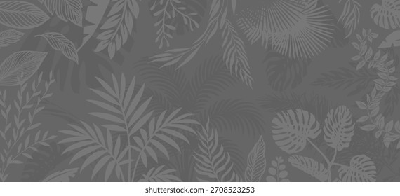 Gray background with palm trees and leaves. Hand drawn. Not AI, vector illustration