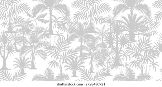 Gray background with palm trees and leaves. Hand drawn. Not AI, vector illustration