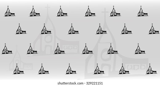 Gray background with a pattern in the style of the sketch. Church. Vector illustration.