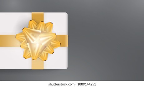 Gray background with realistic white gift box, gold ribbons and bow. Background with space for text. View from above. Vector