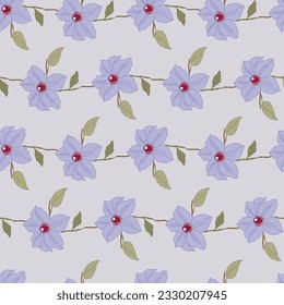 The gray background of this seamless repeat pattern design features horizontal vines of purple Clematis Ramona with showy deep red anthers.