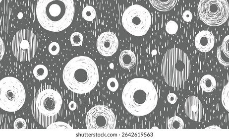 Gray background with various sized white circles and rings some with concentric lines others with striped patterns creating a textured hand drawn effect.