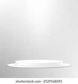 Gray background vector 3d with white podium. Modern Product Display Mockup for Showroom Showcase. Platform illuminated by spotlight. Vector illustration.