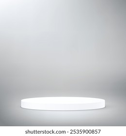 Vetor de fundo cinza 3d com pódio branco. 3D sala de estúdio abstrato com pódio pedestal. Espaço para a venda de produtos no site. Ilustração vetorial.