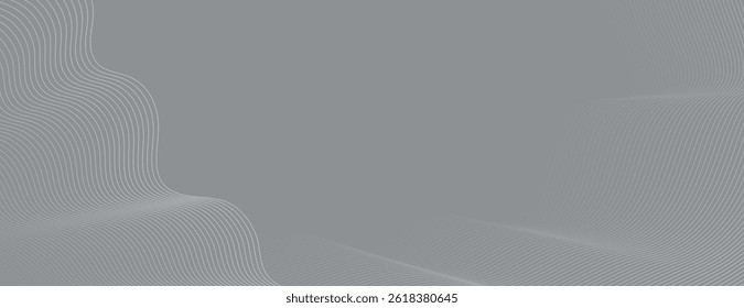 Gray background with wavy line patterns. The background is smooth and gray, creating a modern, abstract style. Minimal abstract flow line vector gradient background