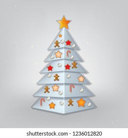 gray background with white Christmas tree and decorations