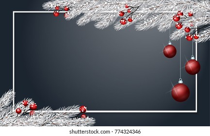 Gray background with white fir branches, holly berries, red Christmas balls and snow. Festive cute New Year Greeting Card. Traditional winter season holiday banner template. Merry Christmas
