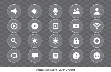 Gray background with white for media playback and communication icon set