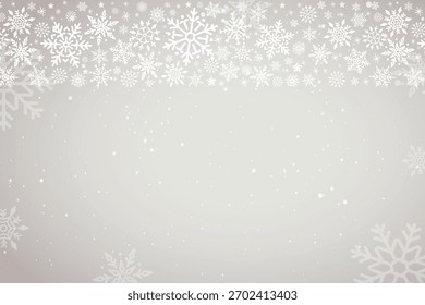 A gray background with white snowflakes, creating a festive winter style. The background is soft and gray, adding a gentle texture. Winter background with copy space vector.