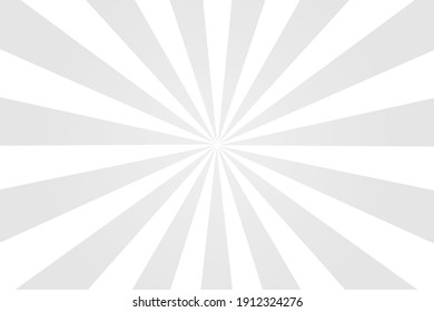 Gray background with white sun ray. Pattern of starburst. Abstract texture with light of sunburst. Radial beam of sunlight. Retro background with flash. Design of sunbeams. Vector.