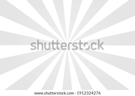 Gray background with white sun ray. Pattern of starburst. Abstract texture with light of sunburst. Radial beam of sunlight. Retro background with flash. Design of sunbeams. Vector. Stockfoto © 