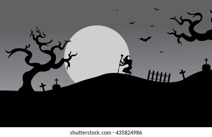 Gray backgrounds halloween silhouette witch and bat