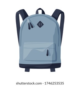 Gray Backpack for Schoolchildren or Students, Front View of Travel Bag for Backpacking Flat Style Vector Illustration