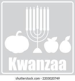 gray badge with white silhouette menorah fruit and gourd with kwanza lettering