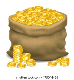 Gray bag full of gold coins.Vector illustration