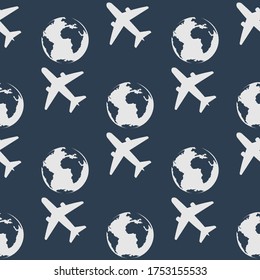 Balón gris con icono de avión volador aislado en un patrón sin fisuras en un fondo azul. Un avión vuela alrededor del planeta Tierra. Icono del mundo del avión. Ilustración del vector