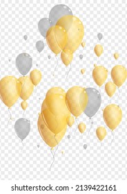 Gray Ballon Background Transparent Vector. Air Rubber Border. Yellow Glossy Surprise. Confetti Label Set.