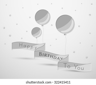 gray balloons and ribbon with happy birthday to you and falling gray confetti