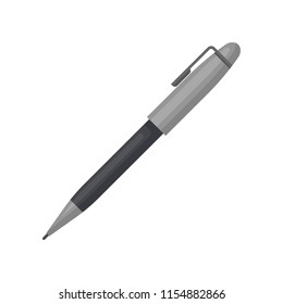 Gray ballpoint pen with cap. Office supply theme. Instrument used for writing and drawing. Flat vector design