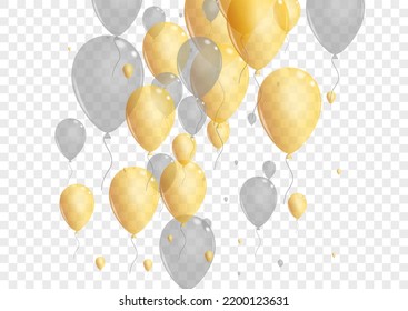 Gray Baloon Background Transparent Vector. Confetti Entertainment Banner. Yellow Present Ballon. Balloon Fun Background.