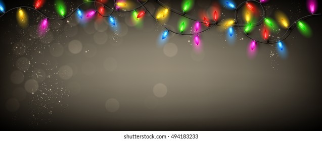 Gray banner with color Christmas garland of lights. Vector illustration.