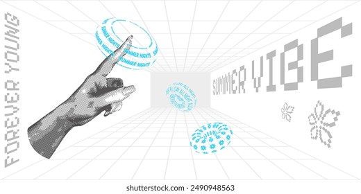 Gray banner with halftone hand. Summer banner with abstract fashion elements.