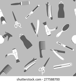 Gray barber shop seamless vector pattern. Beauty salon flat icons.