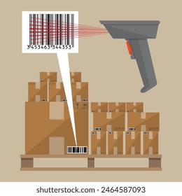 Grau Barcode Leser Scanner mit Karton Lieferschachteln auf Holzpalette. Vektorillustration in flachem Design auf braunem Hintergrund