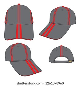 Gray Baseball Cap with Red Piping on Crown, Double tapes on Peak Cap Design on White Background, Vector File.