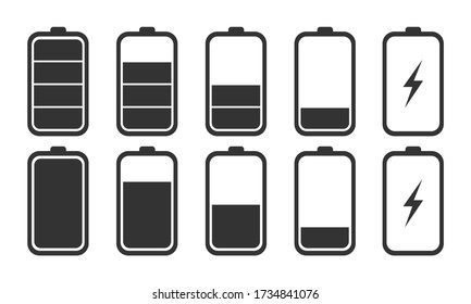 Gray battery charge icon of different design isolated on white background. Vector illustration.