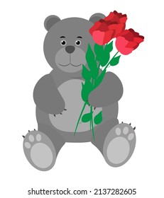 Gray bear full size, sitting and holding a bouquet of three roses. Vector illustration isolated on white background.